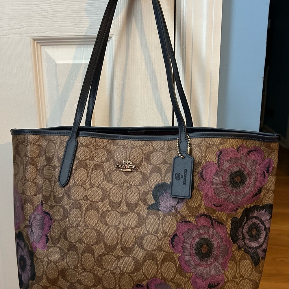 Coach Brown Tote with Pink Floral Design